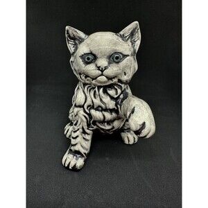Vintage Ceramic Black Kitten Kitty Cat Scary Eyes Spooky Paw Up Grey Witchy